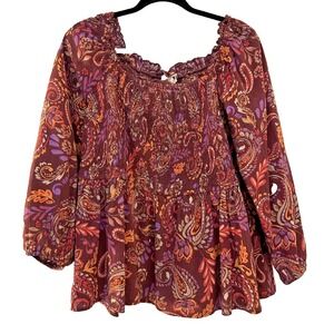 St. Johns Bay Womans Floral Cottagecore Paisley Top Size 1X Hippie Flowy Peasant